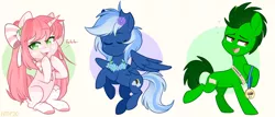 Size: 1500x640 | Tagged: safe, artist:higgly-chan, derpibooru import, oc, oc:lunacy, unofficial characters only, earth pony, pegasus, pony, unicorn, bow, clothes, hair bow, medal, smiling, smug, socks