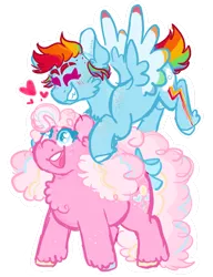 Size: 1122x1459 | Tagged: safe, artist:bubaiuv, deleted from derpibooru, derpibooru import, pinkie pie, rainbow dash, earth pony, pegasus, pony, alternate design, bow, chubby, colored wings, colored wingtips, female, heart, lesbian, mare, outline, pinkiedash, shipping, simple background, tail bow, transparent background, white outline, wings