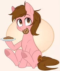 Size: 1015x1200 | Tagged: safe, artist:higgly-chan, derpibooru import, oc, oc:cookie crumb, unofficial characters only, earth pony, pony, cookie, food, mouth hold, plate, solo, underhoof