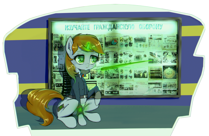 Size: 2268x1476 | Tagged: safe, artist:mistleinn, derpibooru import, oc, oc:littlepip, unofficial characters only, pony, unicorn, fallout equestria, fanfic, clothes, cyrillic, fanart, fanfic art, female, glowing horn, green eyes, hooves, horn, levitation, magic, mare, pipbuck, raised hoof, russian, sitting, solo, telekinesis, vault suit