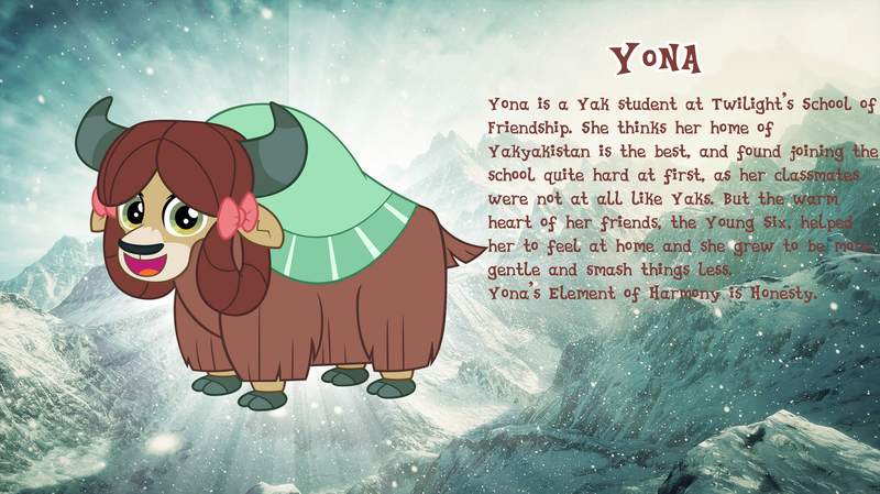 Size: 1280x719 | Tagged: safe, artist:andoanimalia, derpibooru import, yona, yak, bio, bow, cloven hooves, cute, female, hair bow, looking at you, monkey swings, mountain, smiling, story included, yonadorable