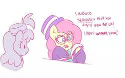 Size: 728x450 | Tagged: safe, artist:thepiday, derpibooru import, fluttershy, pinot noir, shiraz, silver berry, pony, fake it 'til you make it, alternate hairstyle, dialogue, duo, female, glasses, hat, hipstershy, magazine, mare, open mouth, scene interpretation, simple background, white background