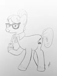 Size: 3024x4032 | Tagged: safe, artist:lorewolf, derpibooru import, writing desk, oc, oc:lorewolf, earth pony, coffee, earth pony oc, espresso, female, filly, lorewolf, pencil, pencil drawing, raven inkwell, sketch, solo, traditional art