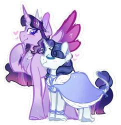 Size: 1600x1656 | Tagged: safe, artist:bubaiuv, deleted from derpibooru, derpibooru import, rarity, twilight sparkle, twilight sparkle (alicorn), alicorn, pony, unicorn, blushing, cloak, clothes, female, heart, lesbian, mare, outline, rarilight, shipping, simple background, size difference, transparent background, white outline