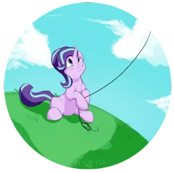 Size: 2507x2496 | Tagged: safe, artist:elicitie, derpibooru import, starlight glimmer, pony, unicorn, cloud, cute, female, glimmerbetes, high res, hoof hold, kite, kite flying, mare, simple background, sitting, solo, that pony sure does love kites, transparent background