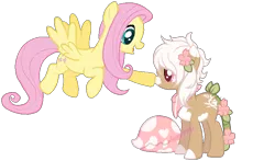 Size: 875x513 | Tagged: safe, artist:skulifuck, derpibooru import, oc, oc:bloom, oc:blossom, monster pony, original species, pegasus, piranha plant pony, plant pony, pony, augmented tail, base used, boop, duo, female, flower, flower in hair, flying, mare, neckerchief, open mouth, plant, simple background, smiling, transparent background