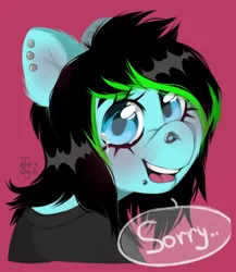 Size: 960x1104 | Tagged: safe, artist:joonyash, derpibooru import, oc, oc:scene chick, unofficial characters only, earth pony, pony, bust, clothes, commission, crying, dyed mane, ear piercing, earring, female, jewelry, looking at you, mare, nose piercing, open mouth, piercing, pink background, shirt, signature, simple background, snake bites, solo, speech bubble, t-shirt, ych result