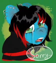 Size: 960x1080 | Tagged: safe, artist:joonyash, derpibooru import, oc, oc:emo lad, unofficial characters only, earth pony, pony, bust, clothes, commission, crying, dyed mane, ear piercing, earring, green background, hoodie, jewelry, lip piercing, looking at you, male, open mouth, piercing, sad, signature, simple background, solo, speech bubble, stallion, ych result