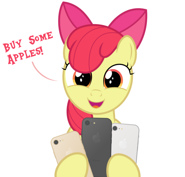 Size: 2985x2845 | Tagged: safe, artist:devfield, derpibooru import, apple bloom, earth pony, pony, friendship is witchcraft, accessories, adorabloom, apple (company), apple bloom's bow, applebetes, bow, bust, buy some apples, cute, dialogue, female, filly, foal, hair bow, head tilt, high res, holding, hoof hold, iphone, ipony, looking at you, mobile phone, open mouth, phone, product placement, pun, simple background, smartphone, smiling, smiling at you, solo, technology, text, transparent background, vector, visual pun