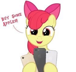 Size: 2985x2845 | Tagged: safe, artist:devfield, derpibooru import, apple bloom, earth pony, pony, friendship is witchcraft, accessories, adorabloom, apple (company), apple bloom's bow, applebetes, bow, bust, buy some apples, cute, dialogue, female, filly, foal, hair bow, head tilt, high res, holding, hoof hold, iphone, ipony, looking at you, mobile phone, open mouth, phone, product placement, pun, simple background, smartphone, smiling, smiling at you, solo, technology, text, transparent background, vector, visual pun