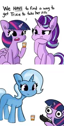 Size: 2250x4400 | Tagged: safe, artist:tjpones, derpibooru import, edit, starlight glimmer, trixie, twilight sparkle, twilight sparkle (alicorn), alicorn, pony, unicorn, sparkles! the wonder horse!, bottle, coercion, comic, female, gun, handgun, held at gunpoint, hoof on chin, mare, medicine, missing cutie mark, pills, simple background, sitting, threatening, weapon, white background