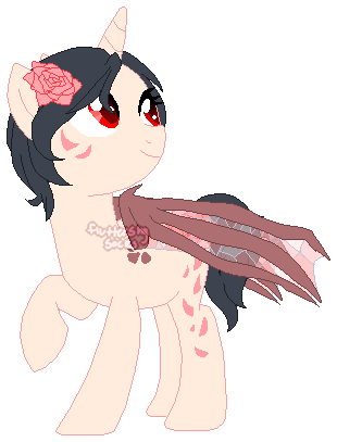 Size: 310x407 | Tagged: alicorn, alicorn oc, artist:skulifuck, base used, derpibooru import, female, flower, flower in hair, horn, looking up, mare, oc, original species, raised hoof, safe, simple background, smiling, solo, transparent background, unofficial characters only, wings