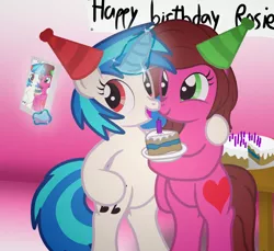 Size: 7200x6600 | Tagged: safe, artist:agkandphotomaker2000, derpibooru import, vinyl scratch, oc, oc:rose bloom, earth pony, pony, unicorn, banner, bipedal, birthday, birthday cake, cake, candle, food, hat, header, levitation, magic, party hat, plate, selfie, show accurate, simple background, table, telekinesis