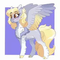 Size: 2000x2000 | Tagged: safe, artist:scarletskitty12, derpibooru import, derpy hooves, pegasus, pony, abstract background, blushing, chest fluff, cloven hooves, coat markings, colored hooves, colored wings, cute, derpabetes, ear fluff, feathered fetlocks, female, fluffy, gradient wings, high res, leg fluff, mare, missing cutie mark, pale belly, solo, unshorn fetlocks, wings