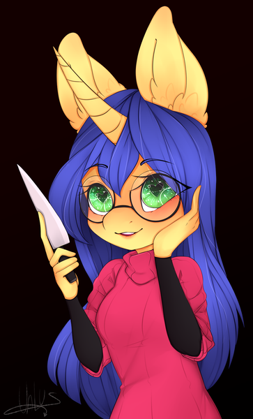 Size: 1160x1920 | Tagged: safe, artist:rinli, derpibooru import, oc, oc:logical leap, unofficial characters only, anthro, unicorn, black background, clothes, female, glasses, hand on face, heart eyes, knife, mare, simple background, smiling, sweater, wingding eyes, yandere