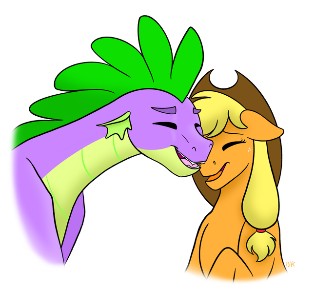 Size: 3346x3106 | Tagged: safe, artist:bellbell123, derpibooru import, applejack, spike, dragon, earth pony, pony, applespike, bust, cute, eyes closed, female, floppy ears, high res, interspecies, male, mare, nuzzling, older, older spike, open mouth, portrait, shipping, simple background, straight, white background