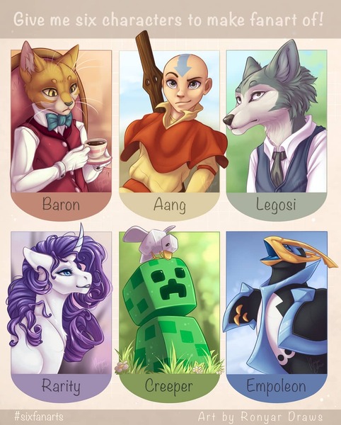 Size: 1080x1345 | Tagged: safe, artist:ronyardraws, derpibooru import, rarity, anthro, cat, empoleon, pony, unicorn, wolf, six fanarts, aang, anthro with ponies, avatar the last airbender, baron humbert von gikkingen, beastars, bowtie, clothes, creeper, crossover, cup, female, legosi (beastars), male, mare, minecraft, necktie, pokémon, smiling, the cat returns