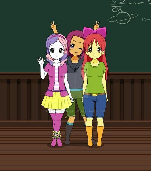 Size: 600x678 | Tagged: safe, artist:evey-chan, derpibooru import, apple bloom, scootaloo, sweetie belle, equestria girls, adorabloom, anime style, apple bloom's bow, boots, bow, chalkboard, classroom, clothes, cute, cutealoo, cutie mark crusaders, diasweetes, hair bow, hoodie, jacket, jeans, pants, shirt, shoes, shorts, skirt, smiling, tongue out