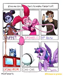 Size: 1280x1529 | Tagged: safe, artist:arteses-canvas, derpibooru import, twilight sparkle, twilight sparkle (alicorn), alicorn, anthro, human, pony, robot, spider, six fanarts, 3d glasses, anthro with ponies, bust, crossover, doctor who, female, infinity train, male, mare, muffet, one-one, optimus prime, out of frame, smiling, sonic screwdriver, spinel (steven universe), steven universe, tenth doctor, thinking, transformers, undertale