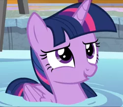 Size: 838x727 | Tagged: safe, derpibooru import, screencap, twilight sparkle, twilight sparkle (alicorn), alicorn, pony, deep tissue memories, spoiler:deep tissue memories, spoiler:mlp friendship is forever, cropped, cute, female, folded wings, mare, smiling, solo, swimming pool, twiabetes, twilight duckle, water, wings