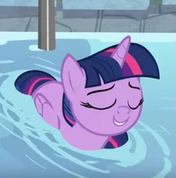 Size: 531x535 | Tagged: safe, derpibooru import, screencap, twilight sparkle, twilight sparkle (alicorn), alicorn, pony, deep tissue memories, spoiler:deep tissue memories, spoiler:mlp friendship is forever, cropped, cute, eyes closed, female, folded wings, mare, smiling, solo, swimming pool, twiabetes, twilight duckle, water, wings