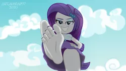 Size: 8000x4500 | Tagged: suggestive, artist:metalhead97, derpibooru import, rarity, equestria girls, barefoot, bedroom eyes, breasts, cameltoe, clothes, feet, female, fetish, foot fetish, hands on hip, legs, lidded eyes, long hair, looking at you, looking down, looking down at you, offscreen character, panties, pov, purple underwear, raised eyebrow, show accurate, skirt, smiling, smirk, soles, solo, solo female, standing, standing on one leg, submissive pov, underass, underwear, upskirt