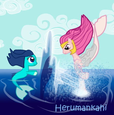 Size: 470x473 | Tagged: armor, artist:herumankahi, derpibooru import, fight, oc, ocean, oc:pearly, oc:silvernaqua, safe, seapony (g4), student, teacher, water