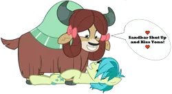 Size: 1750x956 | Tagged: safe, artist:andoanimalia, derpibooru import, edit, sandbar, yona, pony, yak, school raze, cute, female, implied kissing, male, sandabetes, shipping, shut up and kiss me, simple background, speech bubble, straight, transparent background, vector, yonabar, yonadorable