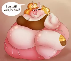 Size: 1400x1200 | Tagged: suggestive, artist:butterball451, derpibooru import, oc, oc:honeycakes, unofficial characters only, anthro, unguligrade anthro, unicorn, anthro oc, bbw, belly, belly button, big belly, big breasts, bingo wings, blushing, breasts, chubby cheeks, cleavage, clothes, dialogue, fat, female, gradient background, huge belly, huge breasts, impossibly large belly, morbidly obese, obese, pants, rolls of fat, short shirt, solo, speech bubble, squishy, ssbbw, story included, stretched cutie mark, stretchmarks, sweatpants, thighs, thunder thighs, tight clothing, torn clothes, wide hips