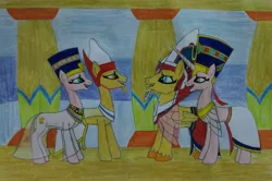 Size: 4090x2715 | Tagged: safe, artist:bsw421, derpibooru import, oc, oc:akhenaten, oc:neferneferuaten nefertiti, earth pony, pegasus, unicorn, clothes, dress, egyptian, egyptian pony, fake beard, group, headdress, jewelry, necklace, pharaoh, talking, traditional art