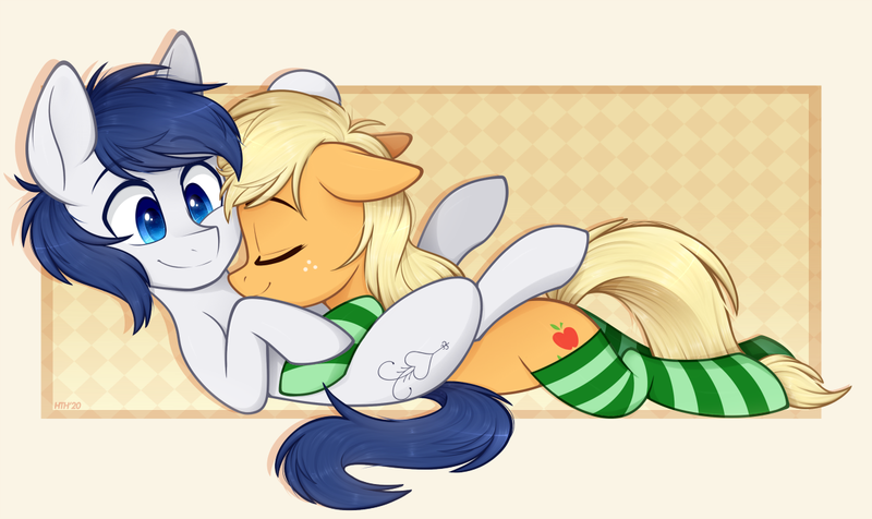 Size: 1200x714 | Tagged: safe, artist:higgly-chan, derpibooru import, applejack, oc, oc:constance everheart, pony, canon x oc, clothes, cuddling, everjack, female, male, shipping, smiling, socks, straight, striped socks