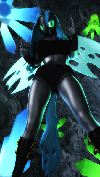 Size: 1080x1920 | Tagged: 3d, anthro, artist:artempredator, changeling, clothes, derpibooru import, middle finger, queen chrysalis, safe, shorts, solo, source filmmaker, top, vulgar