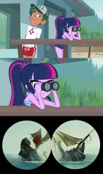 Size: 1280x2160 | Tagged: safe, derpibooru import, edit, edited screencap, screencap, sci-twi, timber spruce, twilight sparkle, kraken, equestria girls, equestria girls series, unsolved selfie mysteries, binoculars, clothes, crossover, dead man's chest, female, lifeguard timber, male, pirates of the caribbean, sadism, schadenfreude, sea monster, ship, swimsuit