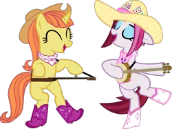 Size: 4186x3130 | Tagged: safe, artist:ironm17, derpibooru import, cayenne, citrus blush, pony, banjo, bipedal, boots, clothes, country, dobro, hat, high res, musical instrument, shoes, simple background, transparent background, vector