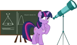 Size: 4671x2756 | Tagged: safe, artist:ironm17, derpibooru import, twilight sparkle, pony, unicorn, chalkboard, female, grin, high res, hoof on chin, looking sideways, mare, simple background, smiling, solo, telescope, transparent background, unicorn twilight, vector
