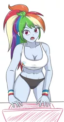 Size: 1114x2112 | Tagged: suggestive, artist:sumin6301, derpibooru import, rainbow dash, equestria girls, abs, big breasts, black underwear, breasts, busty rainbow dash, clothes, computer, digital art, female, laptop computer, looking at you, simple background, solo, surprised, tanktop, underwear, white background