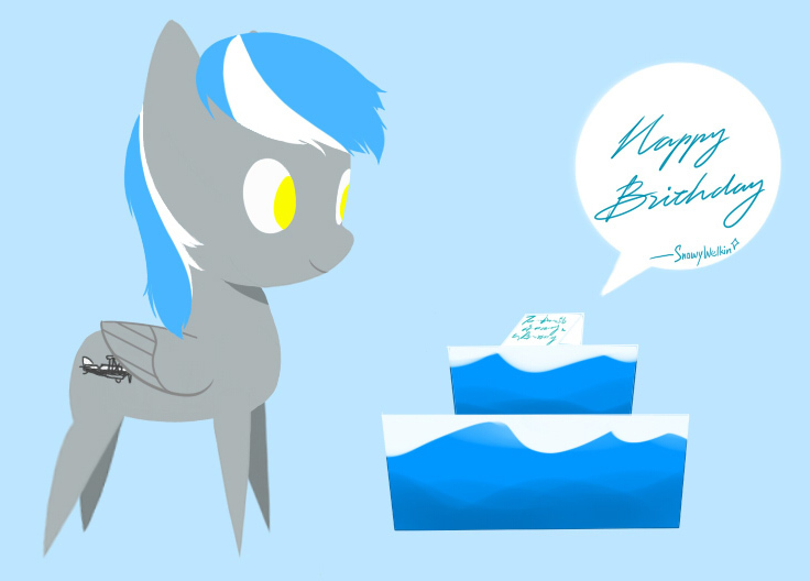 Size: 736x528 | Tagged: safe, artist:depland, deleted from derpibooru, derpibooru import, oc, oc:sbstonebull, pegasus, pony, birthday, birthday cake, blue background, cake, food, grey skin, male, no tail, simple background, solo, yellow eyes