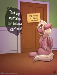 Size: 2050x2683 | Tagged: suggestive, artist:sugarlesspaints, derpibooru import, oc, oc:copper crescendo, unofficial characters only, pegasus, pony, arthur, dialogue, door, female, illiteracy, image, implied incest, implied sleep molestation, joke, mare, meme, open mouth, pegasus oc, png, ponified meme, sign, sitting, solo, solo female, that sign can't stop me, vulgar, wings