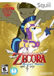 Size: 711x1000 | Tagged: safe, artist:nickyv917, derpibooru import, shining armor, twilight sparkle, twilight sparkle (alicorn), alicorn, pony, unicorn, a canterlot wedding, magical mystery cure, box art, crossover, duo, duo male and female, esrb, female, implied zecora, male, mare, spread wings, stallion, text, the legend of zelda, the legend of zelda: skyward sword, video game cover, wii, wings