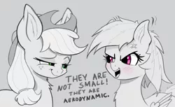 Size: 3279x2002 | Tagged: safe, artist:xbi, derpibooru import, applejack, rainbow dash, earth pony, pegasus, pony, applejack's hat, blushing, cowboy hat, cross-popping veins, dialogue, ear twitch, ears, embarrassed, female, gray background, hat, implied crotchboobs, looking at each other, mare, monochrome, neo noir, partial color, simple background, size difference, small ears, smugjack