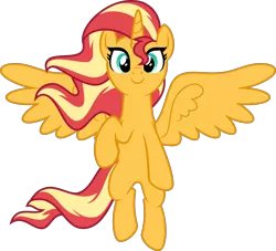 Size: 4000x3638 | Tagged: safe, artist:orin331, derpibooru import, sunset shimmer, alicorn, pony, absurd resolution, alicornified, floating, looking at you, race swap, raised hoof, shimmercorn, simple background, smiling, transparent background, vector, windswept mane