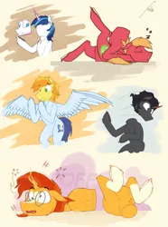 Size: 2000x2688 | Tagged: safe, artist:uliovka, derpibooru import, big macintosh, braeburn, king sombra, shining armor, soarin', sunburst, pegasus, pony, unicorn, dazed, derp, face down ass up, faceless male, fetish, half, head swap, headless, lying down, male, modular, offscreen character, simple background, sleeping, stallion, yellow background