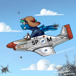 Size: 1080x1080 | Tagged: safe, artist:supermoix, derpibooru import, oc, oc:supermoix, unofficial characters only, pegasus, pony, aircraft, aviator goggles, aviator hat, cartoon, flak gun, flying, goggles, hat, p-51 mustang, solo, world war ii