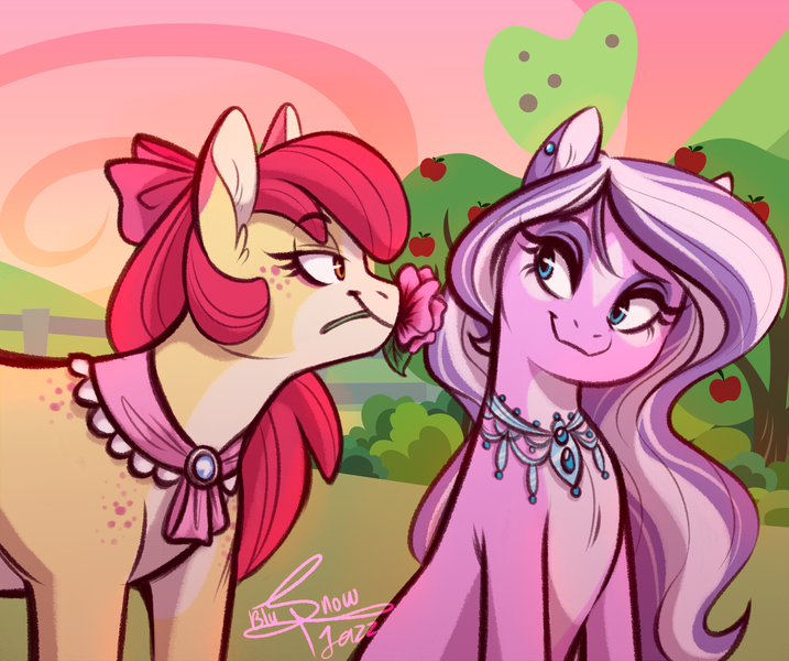 Size: 2388x1998 | Tagged: safe, artist:estories, artist:snowballflo, derpibooru import, apple bloom, diamond tiara, earth pony, pony, alternate hairstyle, apple, apple bloom's bow, apple tree, bedroom eyes, bow, bush, diamondbloom, ear piercing, earring, eye contact, eyeshadow, female, flower, food, freckles, hair bow, jewelry, lesbian, looking at each other, makeup, mare, markings, mouth hold, necklace, older, older apple bloom, older diamond tiara, outdoors, pale belly, piercing, redesign, shipping, tree