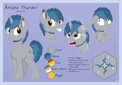 Size: 6059x4184 | Tagged: safe, artist:arcane-thunder, derpibooru import, oc, oc:arcane thunder, unofficial characters only, pony, unicorn, angry, crying, cutie mark, electricity, fangs, horn, lightning, male, reference sheet, simple background, solo, stallion, unicorn oc