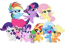 Size: 1085x737 | Tagged: safe, artist:emeraldblast63, derpibooru import, applejack, fluttershy, pinkie pie, rainbow dash, rarity, spike, starlight glimmer, sunset shimmer, trixie, twilight sparkle, twilight sparkle (alicorn), alicorn, earth pony, pegasus, pony, unicorn, my little pony: pony life, bipedal, chibi, g4, g4 to g4.5, mane seven, mane six, simple background, transparent background