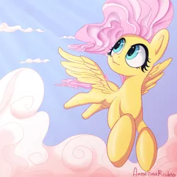 Size: 2048x2048 | Tagged: safe, artist:angelinarichter, derpibooru import, fluttershy, pegasus, pony, cloud, crepuscular rays, cute, female, flying, high res, looking away, looking up, mare, outdoors, shyabetes, sky, solo, spread wings, windswept mane, wings