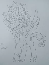 Size: 720x940 | Tagged: artist needed, safe, derpibooru import, cozy glow, alicorn, pony, the ending of the end, alicornified, cozycorn, female, filly, monochrome, photo, race swap, smug, solo, traditional art