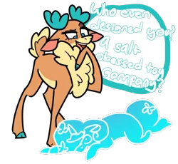 Size: 608x560 | Tagged: safe, artist:anonymous, derpibooru import, velvet reindeer, deer, reindeer, them's fightin' herds, 4chan, chest fluff, cloven hooves, community related, doe, drawthread, duo, female, filly funtasia, misspelling, /mlp/, simple background, text, transparent background