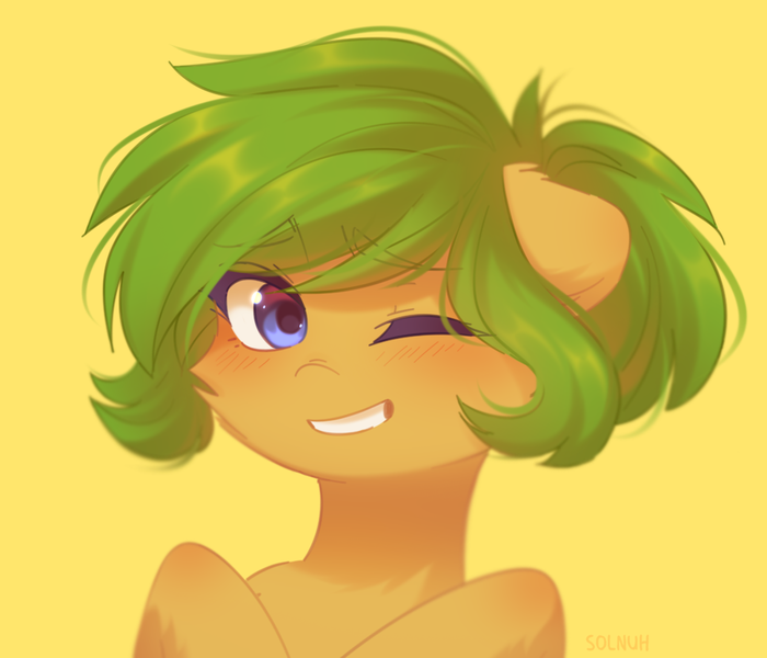Size: 1058x907 | Tagged: safe, artist:solnuh, derpibooru import, oc, oc:oasis, unofficial characters only, earth pony, pony, blushing, bust, cheek fluff, female, floppy ears, looking at you, one eye closed, simple background, smiling, solo